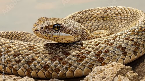 Close up of rattlesnake coiled on rocky surface in desert environment