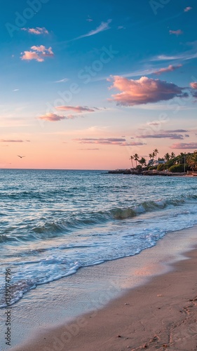 A stunning sea view with a sandy shore, showcasing a vibrant landscape with vivid colors. Tranquil waves meet golden sands under a breathtaking sky, perfect for travel and nature themes. 