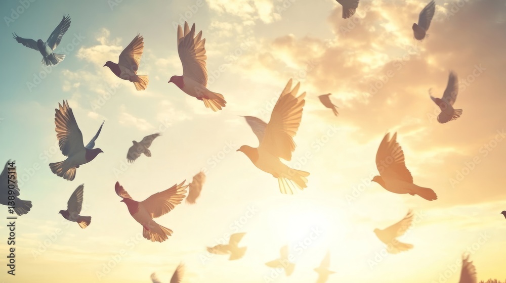 Birds soaring over a tranquil landscape with looming clouds, symbolizing global health threats and virus spread.
