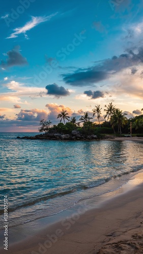 A stunning sea view with a sandy shore, showcasing a vibrant landscape with vivid colors. Tranquil waves meet golden sands under a breathtaking sky, perfect for travel and nature themes. 