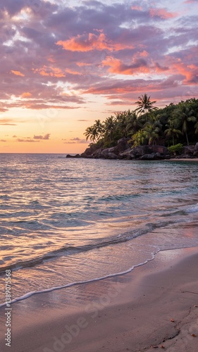 A stunning sea view with a sandy shore, showcasing a vibrant landscape with vivid colors. Tranquil waves meet golden sands under a breathtaking sky, perfect for travel and nature themes. 