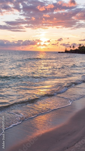 A stunning sea view with a sandy shore, showcasing a vibrant landscape with vivid colors. Tranquil waves meet golden sands under a breathtaking sky, perfect for travel and nature themes. 