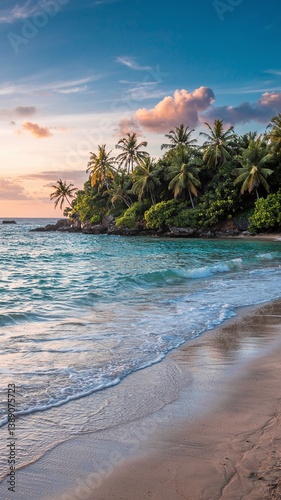 A stunning sea view with a sandy shore, showcasing a vibrant landscape with vivid colors. Tranquil waves meet golden sands under a breathtaking sky, perfect for travel and nature themes. 