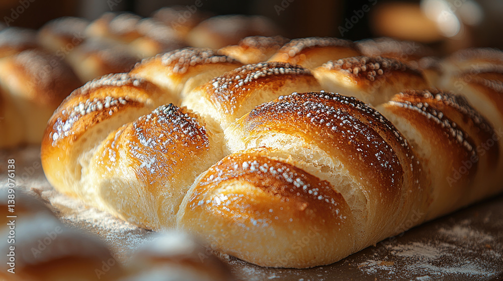 Freshly baked bread with golden crust and soft, fluffy interior, sprinkled with flour for rustic touch. warm aroma fills air, inviting you to enjoy this delicious treat Freshly baked bread with golden crust and soft, fluffy interior, sprinkled with flour for rustic touch. warm aroma fills air, inviting you to enjoy this delicious treat
