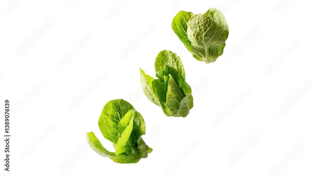 Fototapeta premium Fresh green lettuce leaves arranged in a visually appealing manner against a plain background, showcasing their vibrant color and crisp texture.