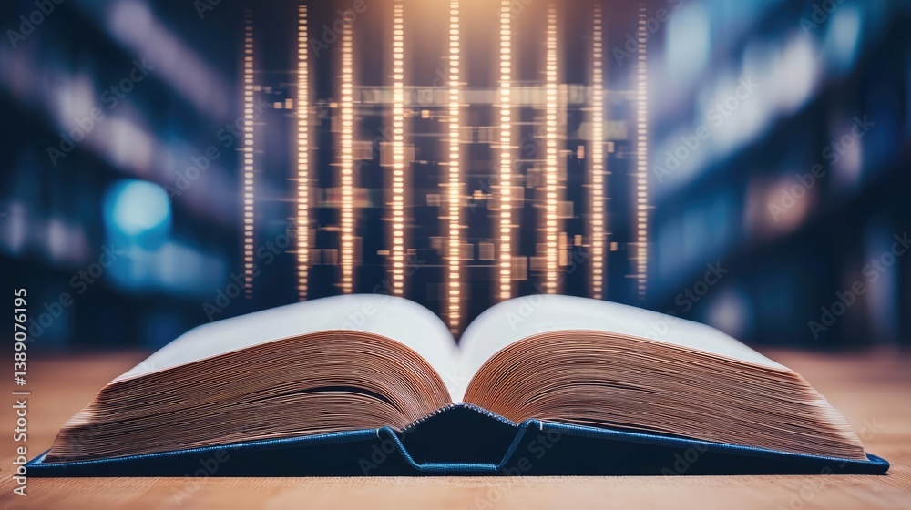 Open book showing historical stock market with digital lights concept. An open book with a glowing digital matrix in the background.