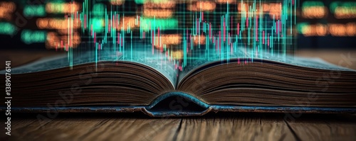 Open book showing historical stock market with digital lights concept. An open book with digital data visualization graphics.