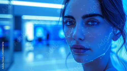 Woman's Face with Futuristic Facial Recognition Technology Overlay in Blue Lighting