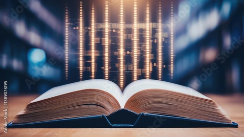 Obraz na płótnie Open book showing historical stock market with digital lights concept. An open book with a glowing digital matrix in the background. w salonie