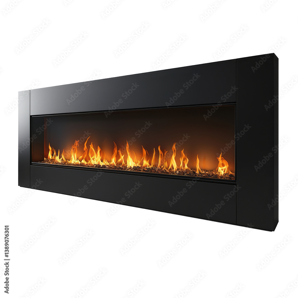 Stylish black wall-mounted electric fireplace with glowing flames and isolated on white background. Detail for modern interiors and energy-efficient heating