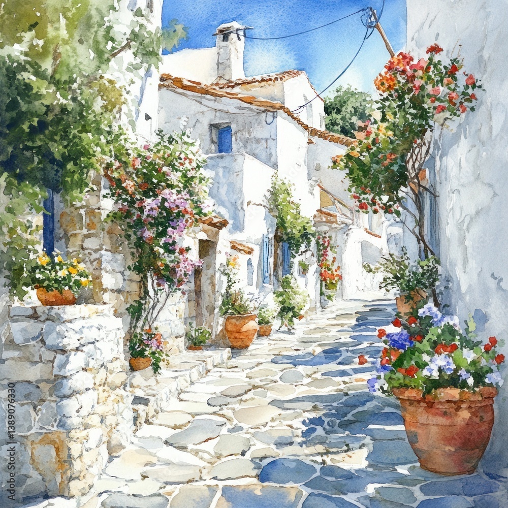 Naklejka premium A watercolor painting showcasing a picturesque Mediterranean village alleyway scene
