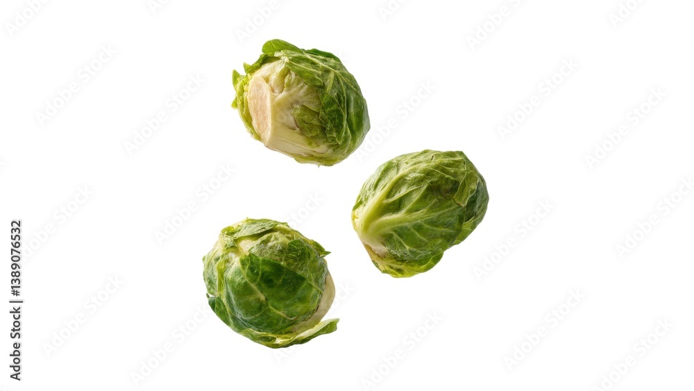 Fototapeta premium Three fresh Brussels sprouts displayed on a white background, highlighting their vibrant green color and unique shape.