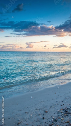 A stunning sea view with a sandy shore, showcasing a vibrant landscape with vivid colors. Tranquil waves meet golden sands under a breathtaking sky, perfect for travel and nature themes. 