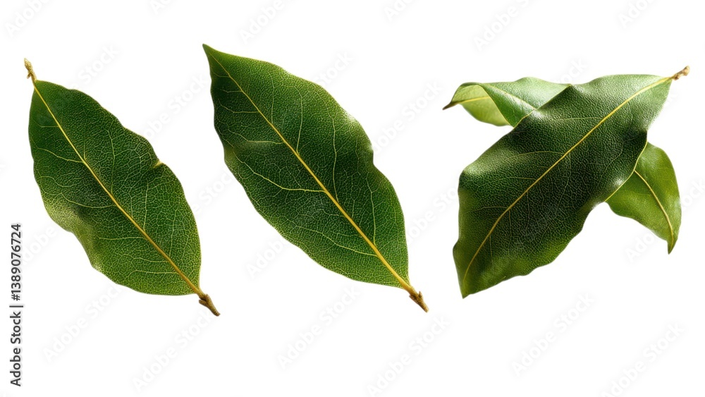 Obraz premium Fresh bay leaves displayed, showcasing their vibrant green color and smooth texture, often used in cooking for flavor enhancement.