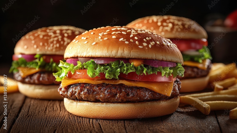 Juicy cheeseburgers with lettuce, tomato, and onion on wooden table with fries Juicy cheeseburgers with lettuce, tomato, and onion on wooden table with fries