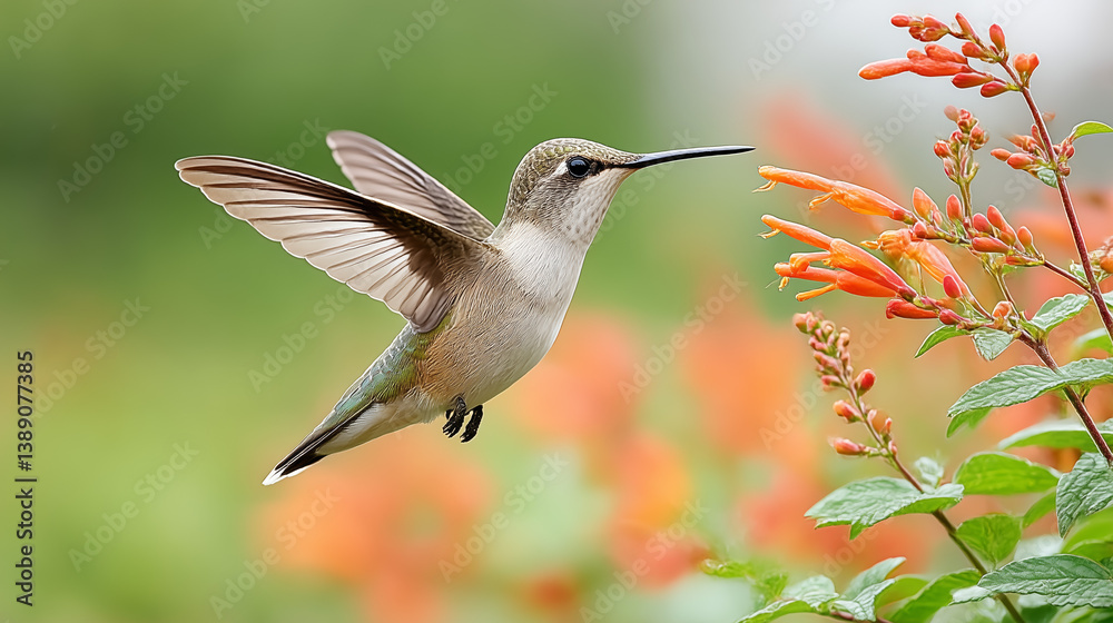 Fototapeta premium Closeup Hummingbird Hovering Near Orange Flowers