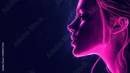 Profile of a woman illuminated in neon pink with rain against a dark background artifical light
