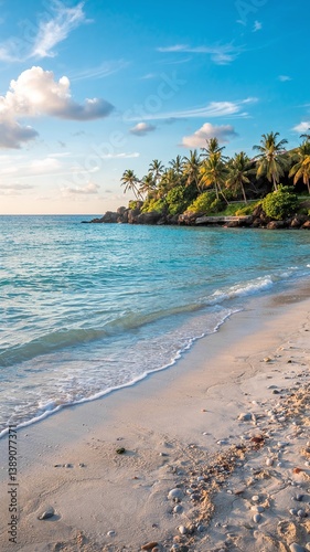 A stunning sea view with a sandy shore, showcasing a vibrant landscape with vivid colors. Tranquil waves meet golden sands under a breathtaking sky, perfect for travel and nature themes. 