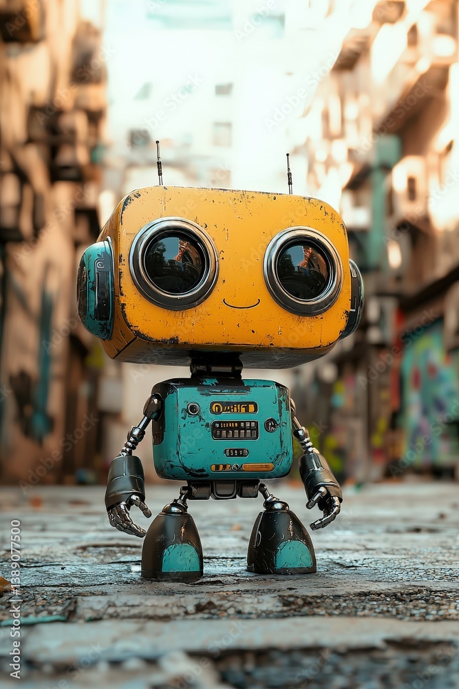 A robot with a blue and yellow body stands on a cobblestone street A robot with a blue and yellow body stands on a cobblestone street