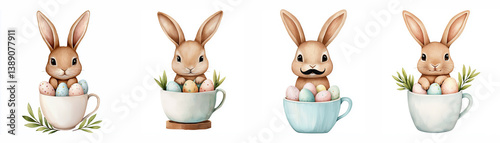 Lovely watercolor illustration of bunnies tucked comfortably in a teacup alongside Easter eggs, isolated on a white background. Perfect choice for posters, banners, publications, prints, and icons.