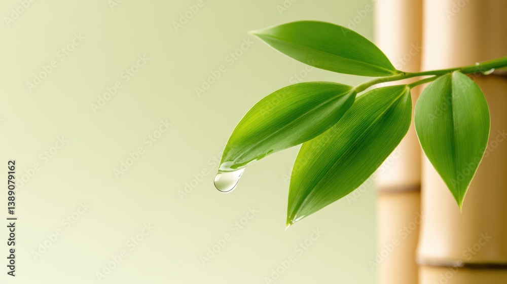 Fototapeta premium A close-up of bamboo leaves with a droplet of water, showcasing nature's beauty and tranquility against a soft green background.