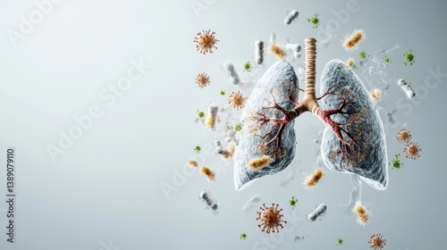 A lung is surrounded by a cloud of germs and bacteria