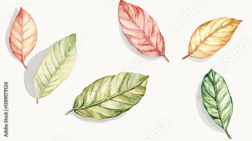 Colorful Watercolor Leaves Arrangement on a Soft Background