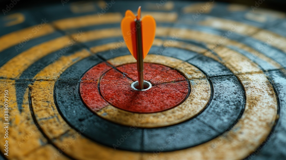 Close-up of a dart hitting the bullseye on a colorful dartboard Close-up of a dart hitting the bullseye on a colorful dartboard
