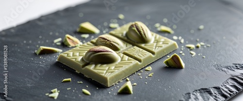 Luxurious pistachio chocolate delicately crafted and artfully presented on slate board.