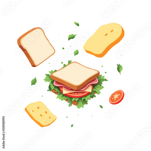 Vsai delicious sandwich exploding with fresh ingredients, bread, cheese, lettuce, tomato and ham flying apart