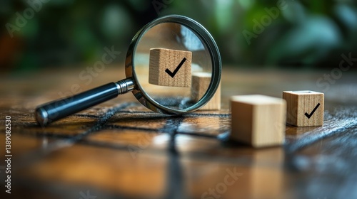 Wallpaper Mural Wooden blocks with checkmarks and magnifying glass on table surface Torontodigital.ca