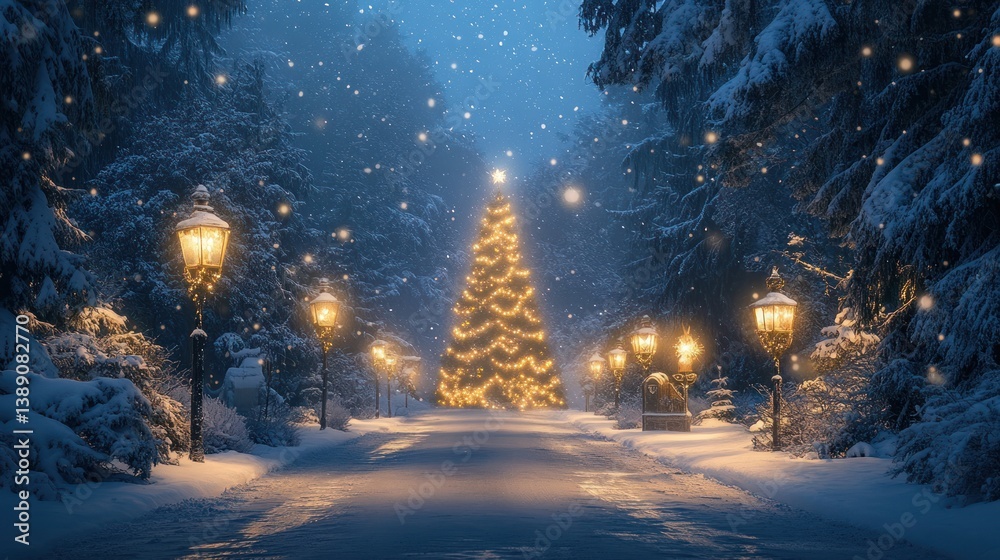 Naklejka premium Enchanted Winter Night: A Snowy Christmas Eve Walk