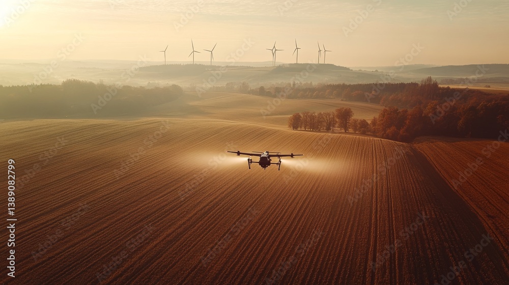 Fototapeta premium 40.A high-angle shot capturing the efficiency of a drone as it sprays pesticides over a sprawling farmland, with distant wind turbines adding a sense of modern agricultural innovation.