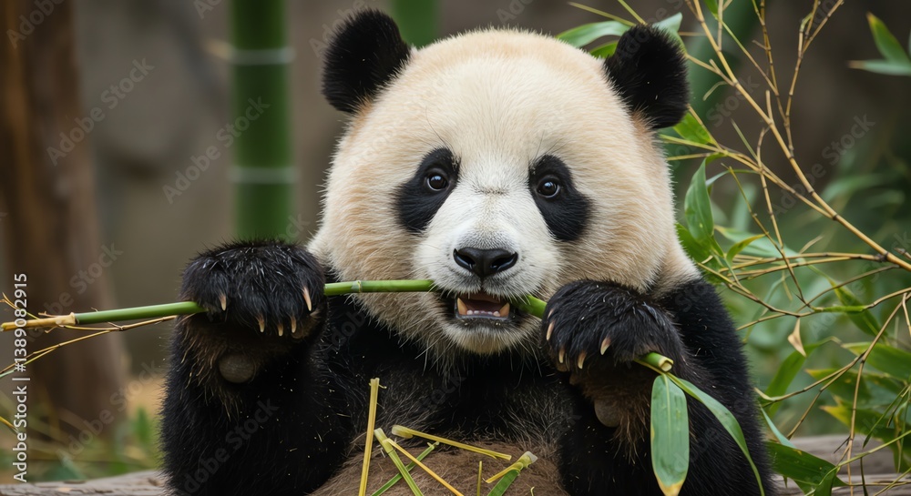Obraz premium Panda Eating Bamboo in Nature