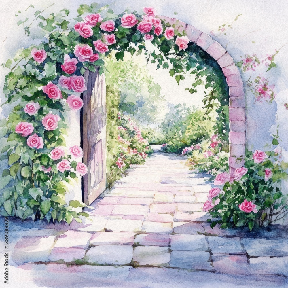Fototapeta premium A watercolor painting depicts a floral archway and a garden path