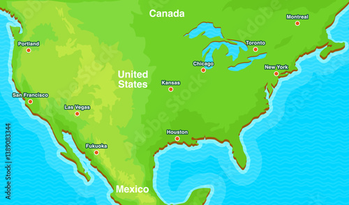 Editable vector map of the United States, Canada, and Mexico. Fully layered and customizable, perfect for presentations, infographics, educational use, and professional design projects.