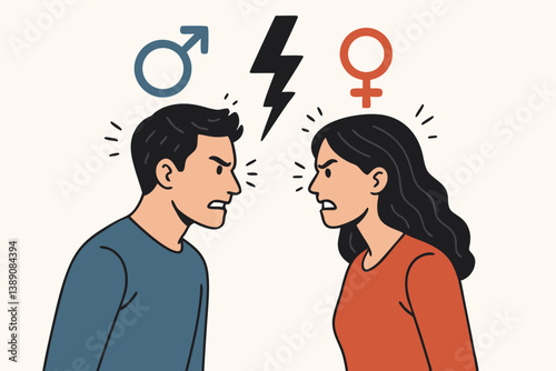 Gender Conflict Concept Vector Illustration with Male and Female Symbols, Relationship Disagreement, Modern Minimalist Design for Social Issues, Equality Debate, Couple Argument Flat Graphic