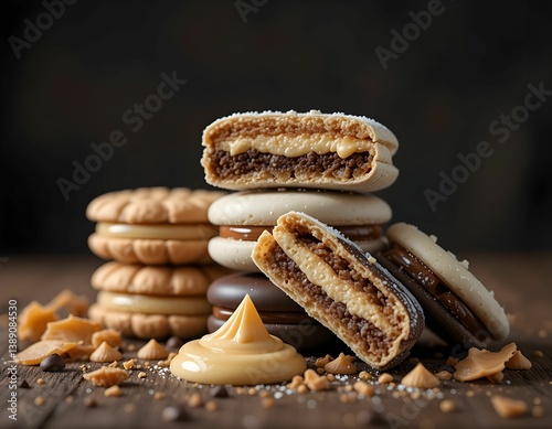 stack of alfajores type sandwich cookies with dulce de leche filling, powdered sugar, crumbly layers, dark wooden surface, food photography photo
