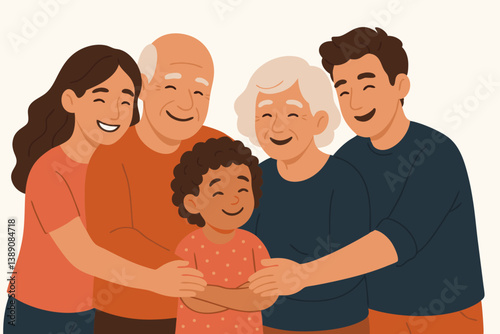 Multigenerational Family Embracing Child Vector Illustration, Warm Diverse Family Portrait with Grandparents, Parents and Child, Loving Family Bonds in Contemporary Flat Design Style for Family Themes