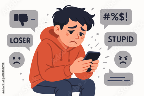 Cyberbullying Concept Vector Illustration with Sad Teenager Looking at Smartphone Surrounded by Negative Messages, Online Harassment Visual Representation for Social Media Awareness Campaigns