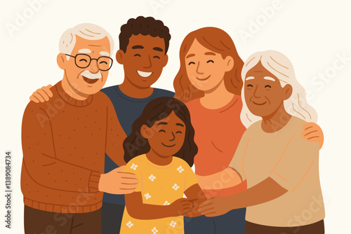 Diverse Multigenerational Family Portrait Vector Illustration with Warm Autumn Colors, Smiling Grandparents, Parents and Child, Embracing in Unity and Togetherness for Family-Themed Projects