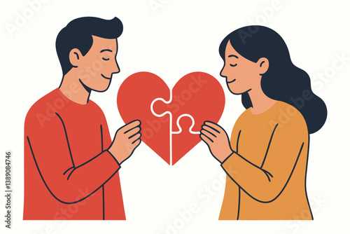 Perfect Match Couple Holding Heart Puzzle Pieces Vector Illustration, Romantic Relationship Symbol, Love Connection Concept, Valentine's Day Design, Dating App Icon, Marriage Compatibility Metaphor