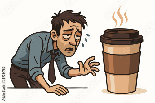 Exhausted Office Worker Craving Morning Coffee Vector Illustration, Tired Businessman Reaching for Hot Beverage, Monday Morning Fatigue Cartoon Character, Sleepy Employee Needing Caffeine Boost