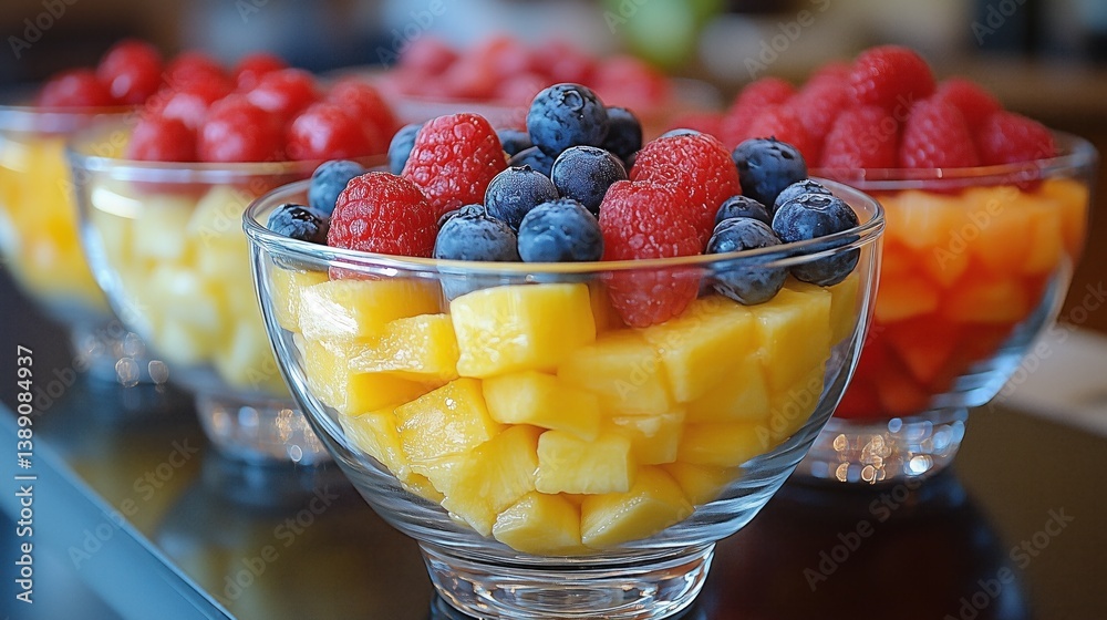 Colorful bowls filled with fresh mango, raspberries, and blueberries are displayed on a kitchen counter, highlighting a healthy and visually appealing snack option perfect for summer Colorful bowls filled with fresh mango, raspberries, and blueberries are displayed on a kitchen counter, highlighting a healthy and visually appealing snack option perfect for summer