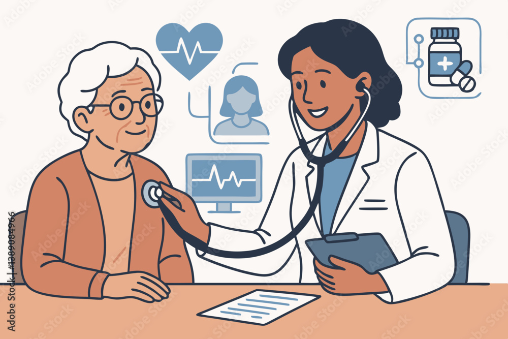 Friendly Doctor Providing Medical Checkup to Elderly Patient with Healthcare Icons Illustrating Heart Monitoring, Medication, and Patient Care