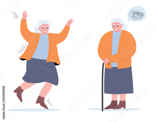 Old lady active, healthy dancing. Elderly granny feels bad, feeble, sad with a cane. Vector flat graphics.