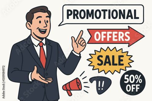 Professional Businessman Announcing Special Promotional Offers with Sale and Discount Graphics, Vector Marketing Illustration for Retail Advertising, E-commerce Campaigns, and Business Presentations
