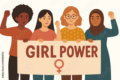 Diverse Female Empowerment Illustration with Girl Power Message and Female Symbol, Multicultural Women Solidarity Vector Graphic for Feminism Movement, Social Justice Campaign, Women's Rights Activism