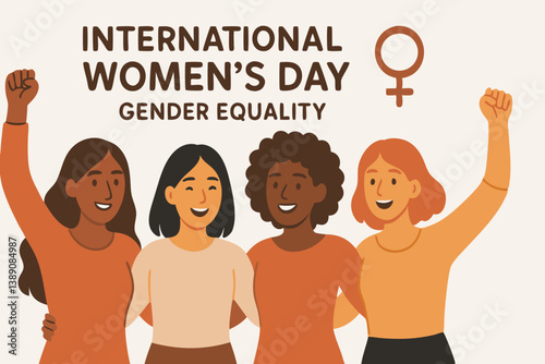 International Women's Day Celebration Vector Illustration with Diverse Female Characters Raising Fists for Gender Equality Movement, Empowerment Symbol, Feminist Solidarity Graphic in Warm Earth Tones