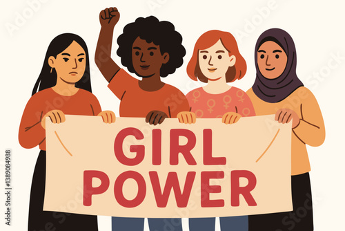 Diverse Women Holding Girl Power Banner Vector Illustration, Female Empowerment Movement with Multicultural Characters, Feminist Unity Concept, Social Justice Activism, Women's Rights Graphic